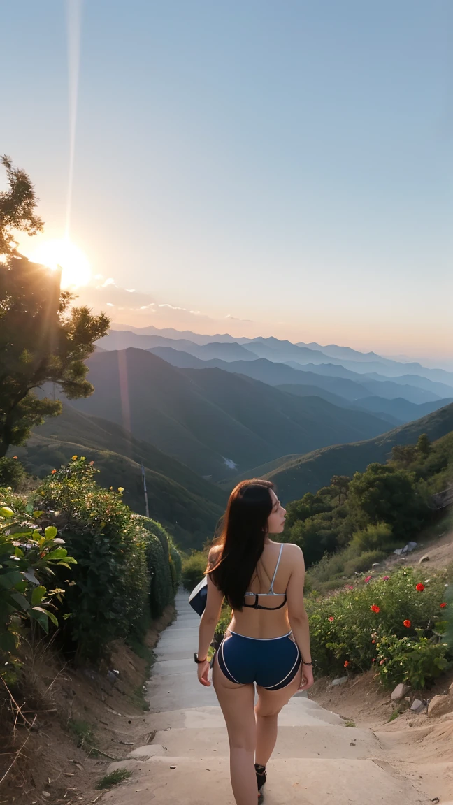 no, Ray tracing, Radio City, Anisotropic filtration, 16,000, best quality, 1 woman, alone, mature, beautiful mountain climber, Hiking clothing, Gradient long hair, climbing equipment、laugh、sunset、(((big breasts))) 、valley mountain peak (small corridor)