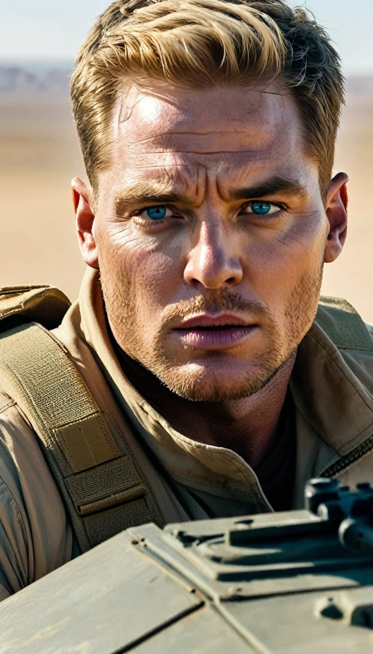 In stunning cinematic scenes from Hollywood movies.、Shows a panoramic view of an M-1 Abrams tank firing across a vast golden desert..。The protagonist is、A 35-year-old soldier with short, Sandy blonde hair and piercing blue eyes..、The expression is serious but determined..。Tight jaws、His lips are pressed into a thin line..、There are slight wrinkles at the corners of the eyes..、There's a hint of excitement in the air.。 The tanks are beautifully detailed..、metal corner々It is perceived in a complex way..、Very detailed and gives the impression of a high budget production.。shallow depth of field、The tank and the soldier remain focused..