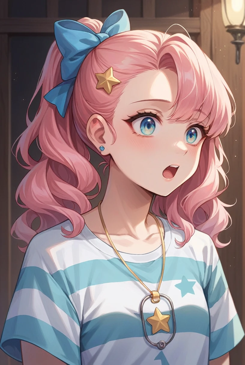A whimsical image of a young girl with large, expressive eyes. Her hair is styled with light pink curls and is adorned with a blue bow and a small star accessory. She is wearing a blue and white striped shirt and appears to be surprised or shocked. The background is a soft, light blue with hints of pink and white, creating a dreamy atmosphere.
