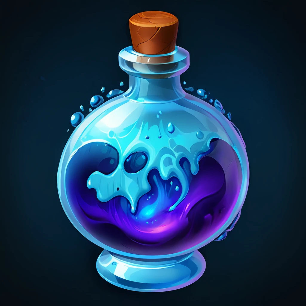 a detailed digital art mana potion, magical blue liquid blooming with 1 cork, dark background, game icon simple, detailed, high definition, vibrant colors