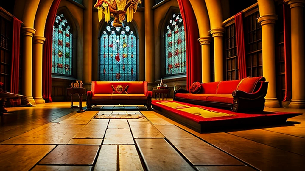 Donjon, Harry Potter, Gryffindor, lounging, Arched windows, red And yellow silk hanging on the wall,  red carpet, The table, a chair, Bookshelf on the floor,glass