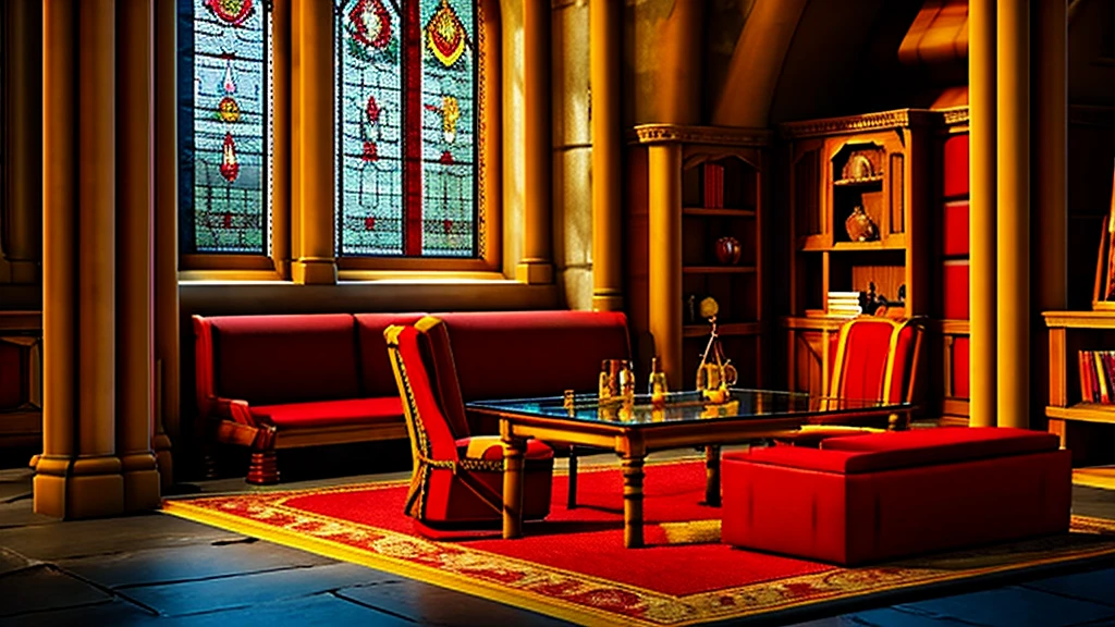 Donjon, Harry Potter, Gryffindor, lounging, Arched windows, red And yellow silk hanging on the wall,  red carpet, The table, a chair, Bookshelf on the floor,glass