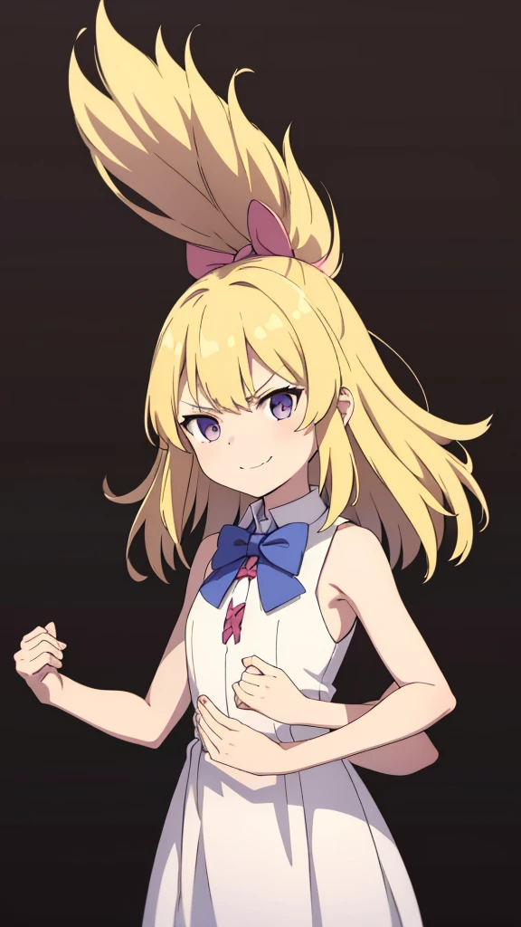 (1girl,),blonde hair,long hair,white dress, sleeveless, bow tie, bare shoulders,smile,angry,looking at view,extra arms,(simple background)