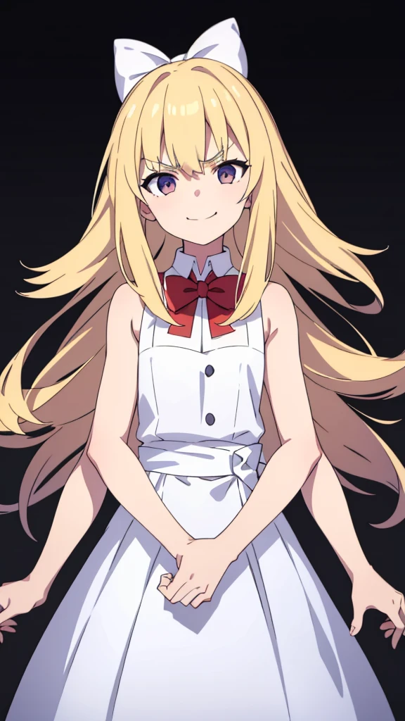 (1girl,10 years old),blonde hair,long hair,white dress, sleeveless, bow tie, bare shoulders,smile,angry,looking at view,extra arms,(simple background)