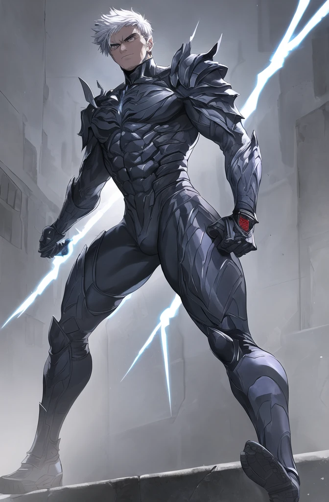 The man wears tight-fitting armor that resembles that of the Arkham Knight. The material is dark and resistant, with raised details that suggest advanced technology. The armor covers his body from his neck to his feet., providing protection without sacrificing mobility.
Instead of the navy blue jacket, He now wears a navy blue leather cape that flutters behind him as he adjusts his wrist cuffs.. The wristbands are metal, with intricate engravings and small light blue LED lights that flash intermittently. They are connected to his suit and probably contain special functions, as communication or projection of holograms.
The silver knife is still in his hand, but now it seems sharper and more lethal, as if it were specifically designed to confront supernatural threats. His red sneakers have been replaced by sturdy boots with non-slip soles., ideal for climbing walls or jumping between buildings.
The character leans forward slightly, concentrated on adjusting the wristbands. His intense gaze is reflected in the diamond-shaped eyes of his featureless face.. The armor fits perfectly to his athletic figure.
