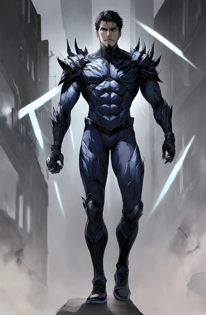 The man wears tight-fitting armor that resembles that of the Arkham Knight. The material is dark and resistant, with raised details that suggest advanced technology. The armor covers his body from his neck to his feet., providing protection without sacrificing mobility.
Instead of the navy blue jacket, He now wears a navy blue leather cape that flutters behind him as he adjusts his wrist cuffs.. The wristbands are metal, with intricate engravings and small light blue LED lights that flash intermittently. They are connected to his suit and probably contain special functions, as communication or projection of holograms.
The silver knife is still in his hand, but now it seems sharper and more lethal, as if it were specifically designed to confront supernatural threats. His red sneakers have been replaced by sturdy boots with non-slip soles., ideal for climbing walls or jumping between buildings.
The character leans forward slightly, concentrated on adjusting the wristbands. His intense gaze is reflected in the diamond-shaped eyes of his featureless face.. The armor fits perfectly to his athletic figure.