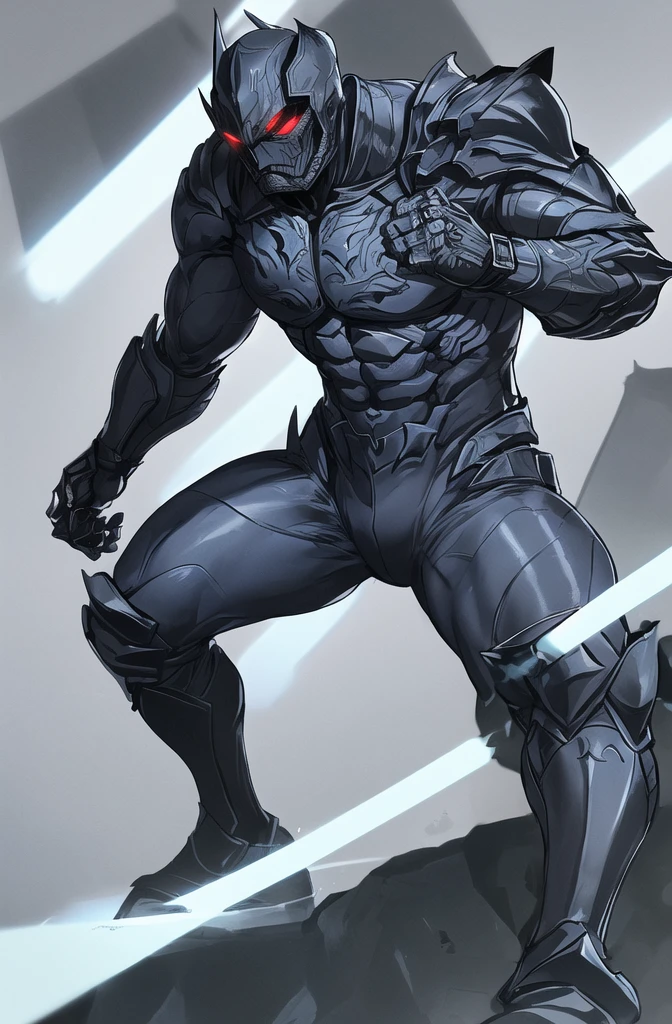 The man wears tight-fitting armor that resembles that of the Arkham Knight. The material is dark and resistant, with raised details that suggest advanced technology. The armor covers his body from his neck to his feet., providing protection without sacrificing mobility.

Instead of the navy blue jacket, He now wears a navy blue leather cape that flutters behind him as he adjusts his wrist cuffs.. The wristbands are metal, with intricate engravings and small light blue LED lights that flash intermittently. They are connected to his suit and probably contain special functions, as communication or projection of holograms.

The silver knife is still in his hand, but now it seems sharper and more lethal, as if it were specifically designed to confront supernatural threats. His red sneakers have been replaced by sturdy boots with non-slip soles., ideal for climbing walls or jumping between buildings.

The character leans forward slightly, concentrated on adjusting the wristbands. His intense gaze is reflected in the diamond-shaped eyes of his featureless face.. The armor fits perfectly to his athletic figure.