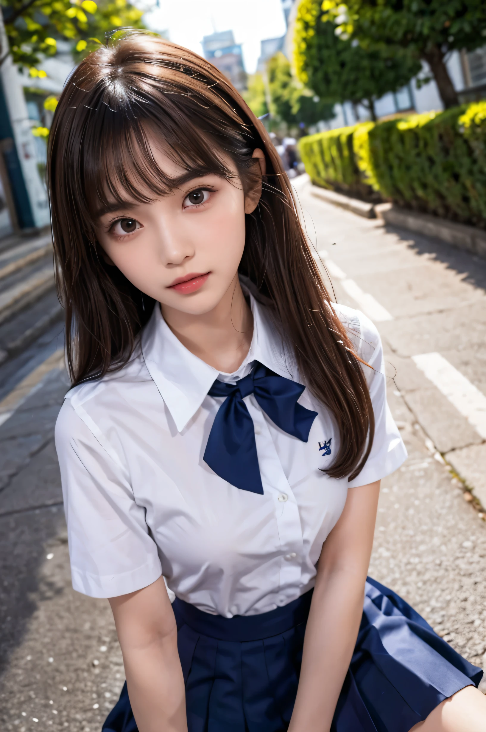 (ultra HD), (School uniform with short sleeves, White collared shirt, Navy Blue Skirt), Big Breasts, (The cleavage is visible), Slender, whole body, (Clean and shiny skin, Whitening, No makeup), (超Slenderな顔立ち, Super beautiful face, Delicate face), (long hair, Layered Cut, Fluffy hair,light brown), (Patchy double eyelids, Slanted Eyes), Small Nose, Thin lips, Thin legs, Schoolyard