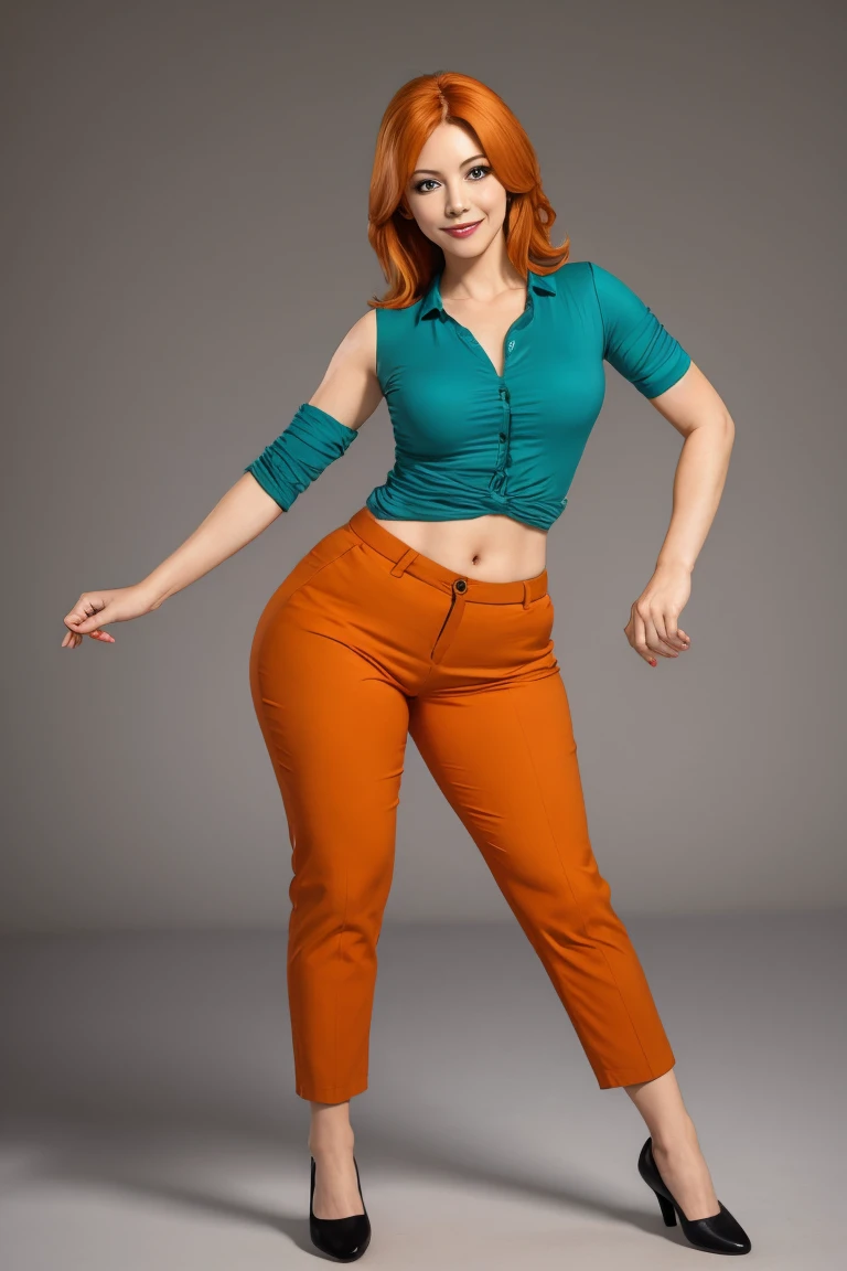 | ((masterpiece, best quality)),(complex light), 1woman, full body ,solo, Lois Griffin, orange hair, seductively smiling, teal shirt, tan pants, eggplant purple ballet flats shoes, simple background, standing, sexy pose, cyberrealism, accurate, detailed