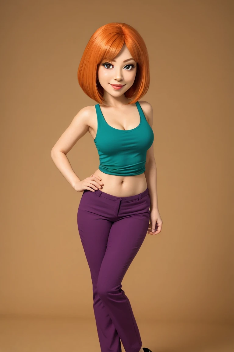 | ((masterpiece, best quality)),(complex light), 1woman, full body ,solo, Lois Griffin, orange hair, seductively smiling, teal shirt, tan pants, eggplant purple ballet flats shoes, simple background, standing, sexy pose, cyberrealism, accurate, detailed