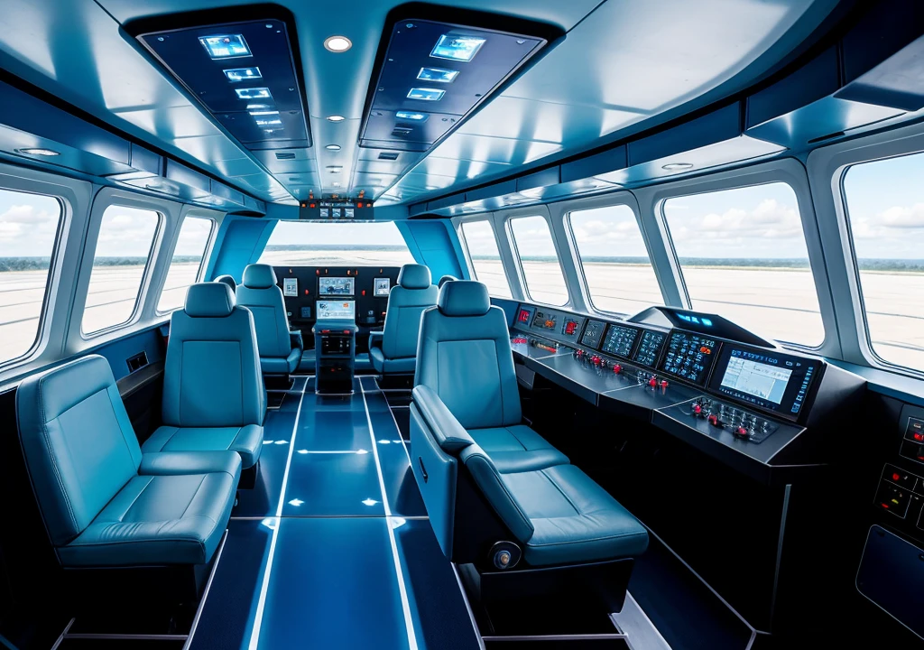 Control cabin of a futuristic spaceship 
,animated style, with a blue metal floor, with a large control panel in the center,with a large window above the panel and two light blue seats on the sides of the cabin.