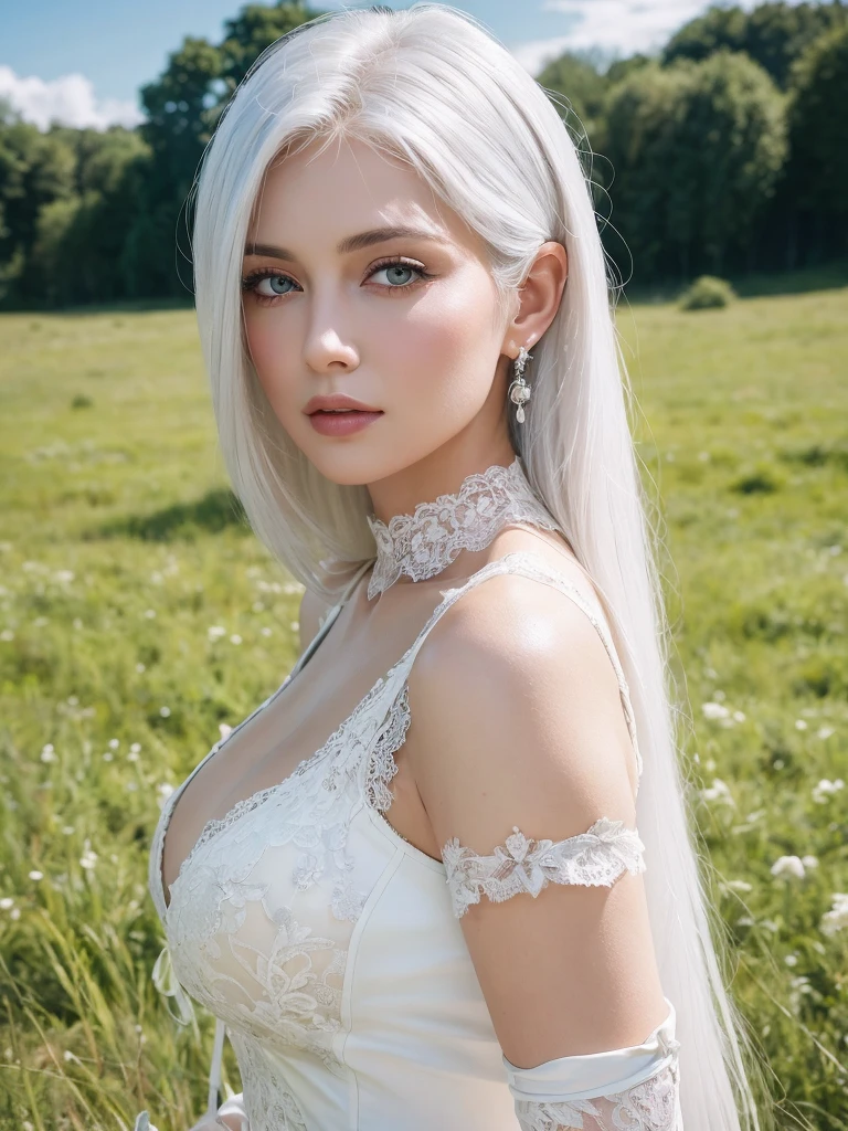 1Women, sexy, (beautiful women, white hair), (beautiful lace costumes), (Best Quality:1.4), Realistic, extremely detailed CG unified 8k wallpaper, highly detailed, High-definition raw color photos, professional photography, Realistic portrait, Close up portrait of Women, Outdoors, Beautiful scenery, grassland, nature, vastness, elegance, Beautiful detailed, upper body photos, (Fine face:1.2),