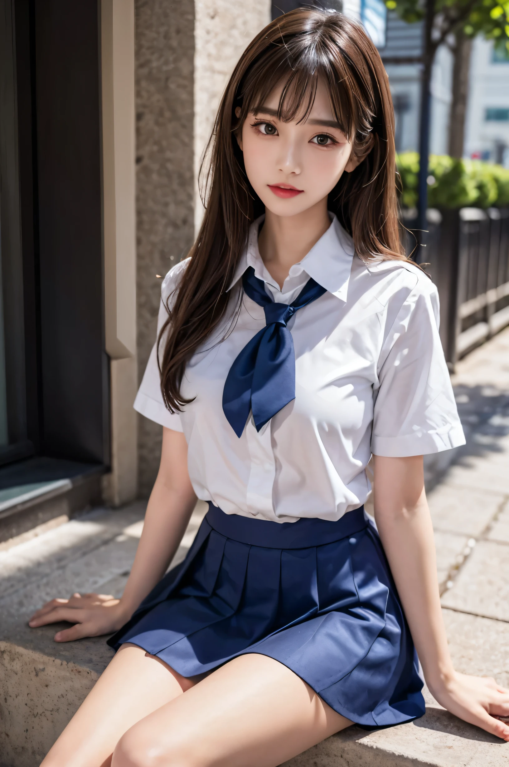 (ultra HD), (School uniform with short sleeves, White collared shirt, Navy Blue Skirt), Big Breasts, (The cleavage is visible), Slender, whole body, (Clean and shiny skin, Whitening, No makeup), (超Slenderな顔立ち, Super beautiful face, Delicate face), (long hair, Layered Cut, Fluffy hair,light brown), (Patchy double eyelids, Slanted Eyes), Small Nose, Thin lips, Thin legs, Schoolyard