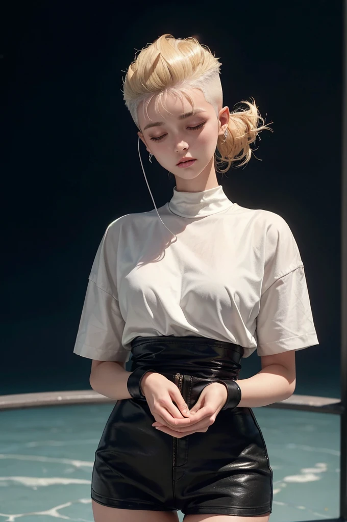 20-year-old woman, blonde, (High Top Fade:1.3), Dark Theme, Calm tone, Calm colors, High Contrast, (Natural skin texture, Hyperrealism, Soft Light, sharp),listen to music,headphone,Black Hair, Bob Hair, Closed eyes,