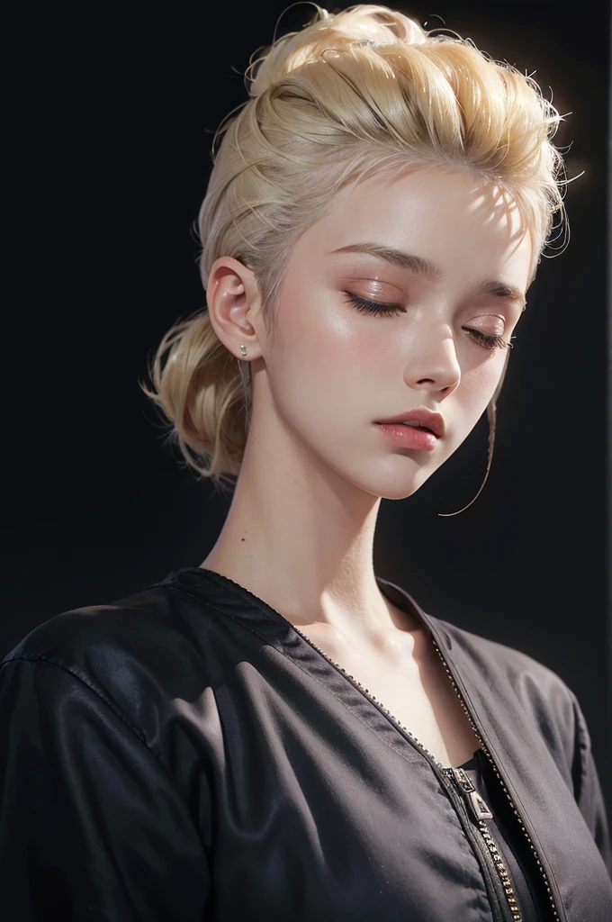 20-year-old woman, blonde, (High Top Fade:1.3), Dark Theme, Calm tone, Calm colors, High Contrast, (Natural skin texture, Hyperrealism, Soft Light, sharp),listen to music,headphone,Black Hair, Bob Hair, Closed eyes,