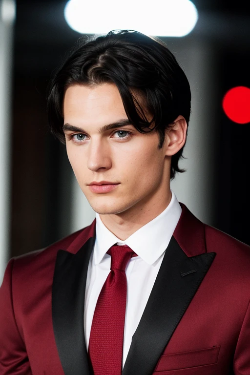 White Balck hair blue eyes man wearing a red and balck suit