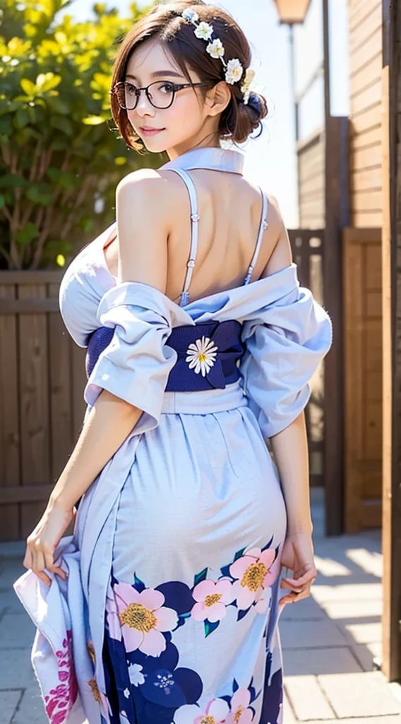 (masterpiece, Highest quality:1.4), Beautiful Face, 8k, 85mm, Absurd, (Floral Yukata:1.4), Face close-up, violet, Gardenia, Delicate girl, alone, night, View your viewers, Upper Body, Film Grain, chromatic aberration, Sharp focus, Face Light, Professional Lighting, Sophisticated, (smile:0.4), (Simple Background, Bokeh Background:1.2), detailed aspects,(((Show one breast:1.37))),((Very young and immature & Very few &  Very flat chest:1.2),(Pink fashion glasses,1),(Showing anus from behind and in front:1.4),