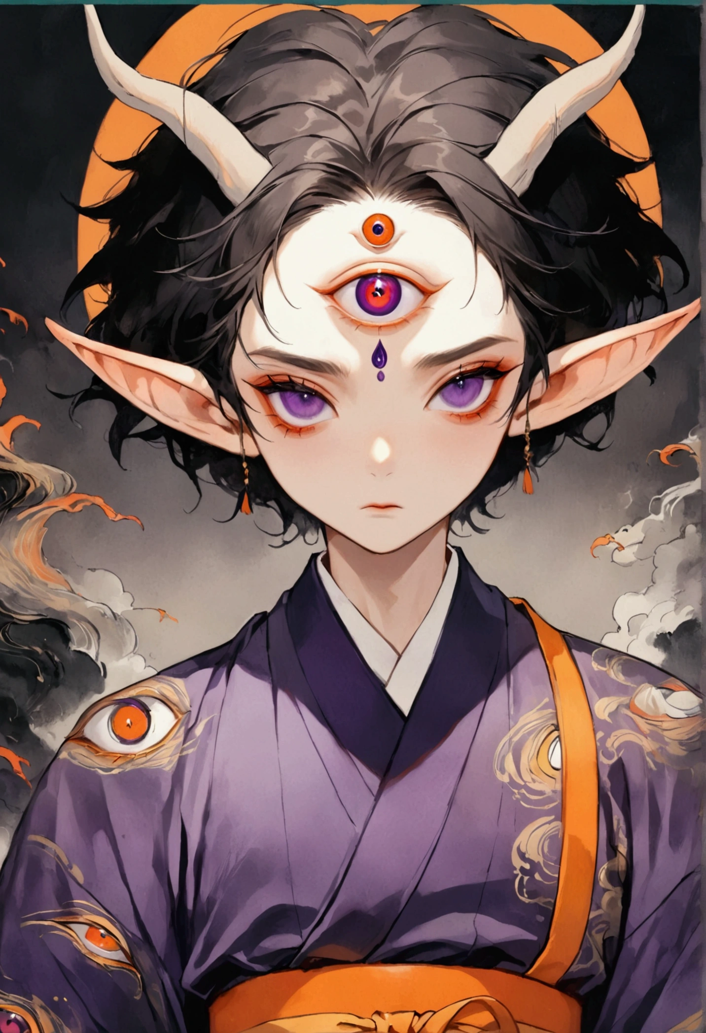 Art Illustration，Dark Style，(((1 Boy，独奏，third eye on the forehead，Elf ears))),(((Gorgeous Japanese purple kimono：1.6，Eye Diagram，Dark Pattern))).(((Thin waist，Orange belt：1.37)))Orange labels all over the body，Death Stare Background。