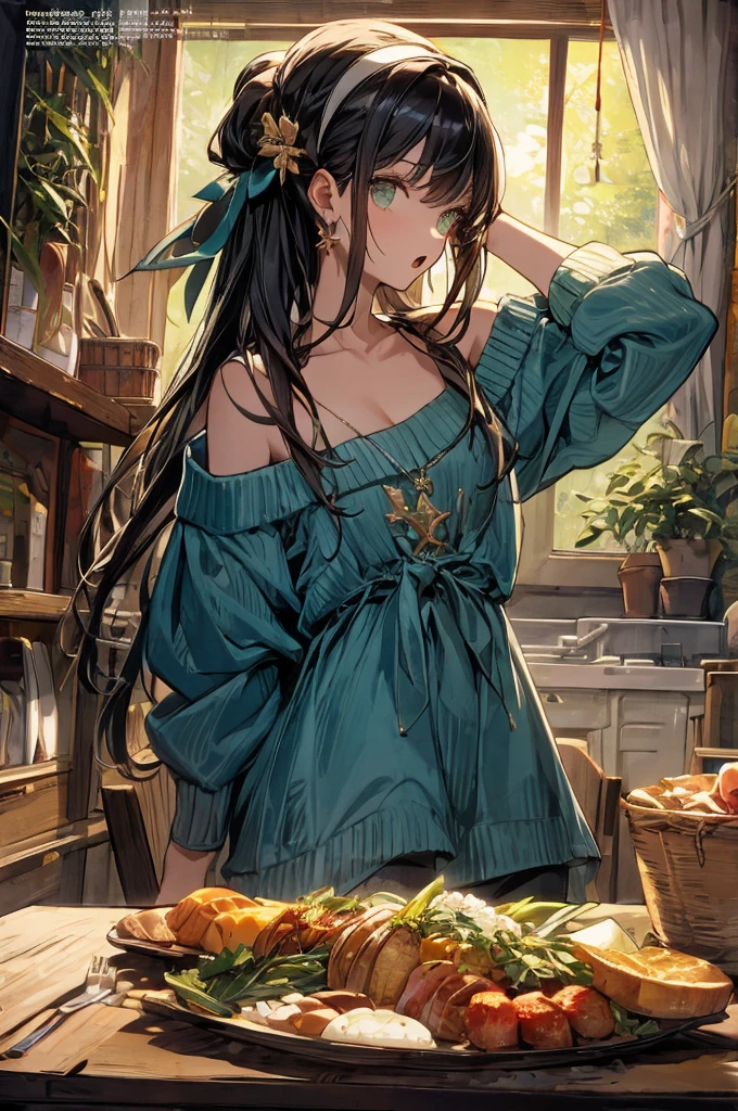 (small breasts:1.3), (perky chest:1.1), (pointed chest:1.0), (fashion magazine cover:1.3),(from below:1.0),(from side:0.9),masterpiece, 1girl, Amazing Cleavage:1.1, thin waist, big ass, Raised sexy, small breast: 1.3, posed cleavage:1.2、solo, looking at viewer, open mouth, have a cute grass of cute beergrass,black hair, dark green eyes, dress, bare shoulders, jewelry, collarbone, sidelocks, hairband, earrings, indoors, off shoulder, :o, sweater, arms behind back, plant, short hair with long locks, gild hairband, off-shoulder dress, sweater dress, off-shoulder sweater, red sweater, dark gord hair, big side hair, very long side hair,is rendered in (masterpiece: 1.2, best quality), with (ultra high resolution) and an exquisite (depth of field). This masterpiece is not only visually stunning but also tells,A scene of cooking in the kitchen by classroom