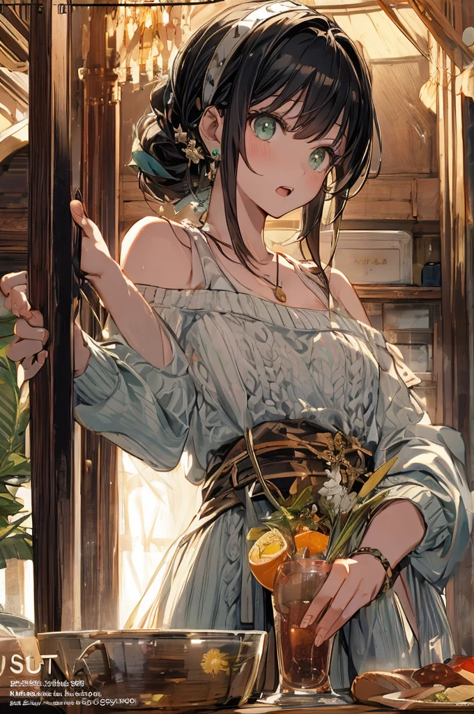 (small breasts:1.3), (perky chest:1.1), (pointed chest:1.0), (fashion magazine cover:1.3)，(from below:1.0),(from side:0.9),masterpiece, 1girl, Amazing Cleavage:1.1, thin waist, big ass, Raised sexy, small breast: 1.3, posed cleavage:1.2、solo, looking at viewer, open mouth, have a cute grass of cute beergrass,black hair, dark green eyes, dress, bare shoulders, jewelry, collarbone, sidelocks, hairband, earrings, indoors, off shoulder, :o, sweater, arms behind back, plant, short hair with long locks, gild hairband, off-shoulder dress, sweater dress, off-shoulder sweater, red sweater, dark gord hair, big side hair, very long side hair,is rendered in (masterpiece: 1.2, best quality), with (ultra high resolution) and an exquisite (depth of field). This masterpiece is not only visually stunning but also tells,A scene of cooking in the kitchen by classroom
