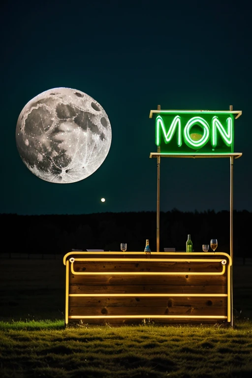 A bar in a field, close up, with a sign in front that says "The moon" in green neon