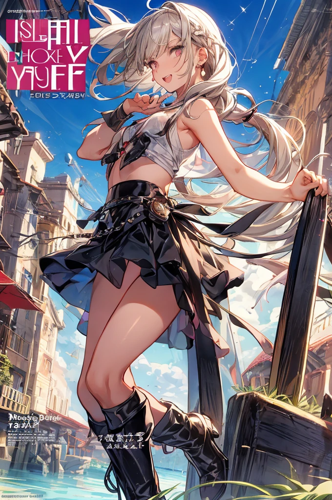 (small breasts:1.2), (perky chest:1.2), (pointed chest:1.2), (Pudding cake magazine cover:1.3),(from below:1.0),(shoot from the side:1.1),masterpiece, 1girl, Amazing Cleavage:1.1, thin waist, optimum,tmasterpiece,hight resolution,best qualtiy,hyper HD,super detailing,awardwinning,a 18yo cute girl,(The upper part of the body),anatomy correct,Beautiful Black miniskirt,garters,Gaze,Small face,bangss,holster,Beautuful Women,hands up,leg holster,Gaze,black boots,Cowboy Shot,cute face,a blond,Longhaire,Twin-tailed,Braids, Hairline,(scarlet eyes),long eyelasher,Hanging eye corners,White skin of the, ((see through camisole:1.1)), ((Sheer nipples:1.0)),Rocket Tits,(Slim body),smile,seductive weak smiling,(with sparkling eyes and a contagious smile),little open mouth, Looking at Viewer,