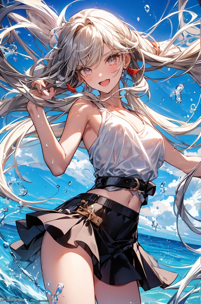 (small breasts:1.2), (perky chest:1.2), (pointed chest:1.2), (Pudding cake magazine cover:1.3),(from below:1.0),(shoot from the side:1.1),masterpiece, 1girl, Amazing Cleavage:1.1, thin waist, optimum,tmasterpiece,hight resolution,best qualtiy,hyper HD,super detailing,awardwinning,a 18yo cute girl,(The upper part of the body),anatomy correct,Beautiful Black miniskirt,garters,Gaze,Small face,bangss,holster,Beautuful Women,hands up,leg holster,Gaze,black boots,Cowboy Shot,cute face,a blond,Longhaire,Twin-tailed,Braids, Hairline,(scarlet eyes),long eyelasher,Hanging eye corners,White skin of the, ((see through camisole:1.1)), ((Sheer nipples:1.0)),Rocket Tits,(Slim body),smile,seductive weak smiling,(with sparkling eyes and a contagious smile),little open mouth, Looking at Viewer,