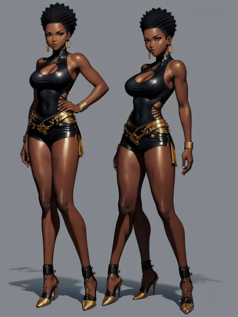 ((best quality)), ((4k)), ((highres)), ((masterpiece:1.2)). ((detailed)), ((ultra realistic)), ((intricate details)), ((full body picture)), ((character design sheet)), ((solo character)), a full body picture of a beautifull Ebony skinned female, black woman, dark skin, perfect face, detailed eyes, detailed lips, about 25 years old, about 5'5 ft. tall, punk black woman, punk style, afro-punk, afro-punk hair style, side shaved hair ((emphasis on her side shaved hair)), side-shaved afro hair style, ((emphasis on her side-shaved afro hair style)), muscular body, hourglass body type, thick and muscular, dressed in a golden top ((emphasis on her gold tank top)), and black leather pants, high heels, fighting game character concept art, tekken character design, the king of fighters character concept, full bofy, full body concept art, full body art