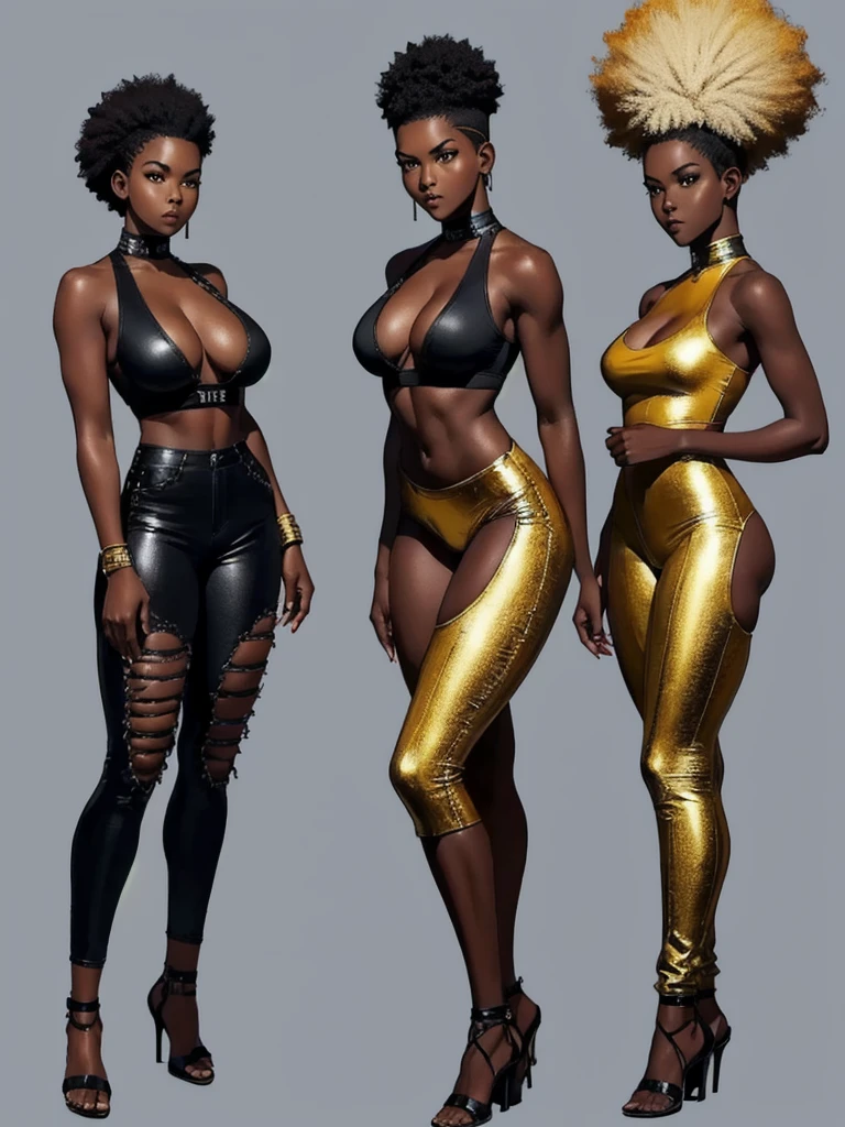 ((best quality)), ((4k)), ((highres)), ((masterpiece:1.2)). ((detailed)), ((ultra realistic)), ((intricate details)), ((full body picture)), ((character design sheet)), ((solo character)), a full body picture of a beautifull Ebony skinned female, black woman, dark skin, perfect face, detailed eyes, detailed lips, about 25 years old, about 5'5 ft. tall, punk black woman, punk style, afro-punk, afro-punk hair style, side shaved hair ((emphasis on her side shaved hair)), side-shaved afro hair style, ((emphasis on her side-shaved afro hair style)), muscular body, hourglass body type, thick and muscular, dressed in a golden top ((emphasis on her gold tank top)), and black leather pants, high heels, fighting game character concept art, tekken character design, the king of fighters character concept, full bofy, full body concept art, full body art