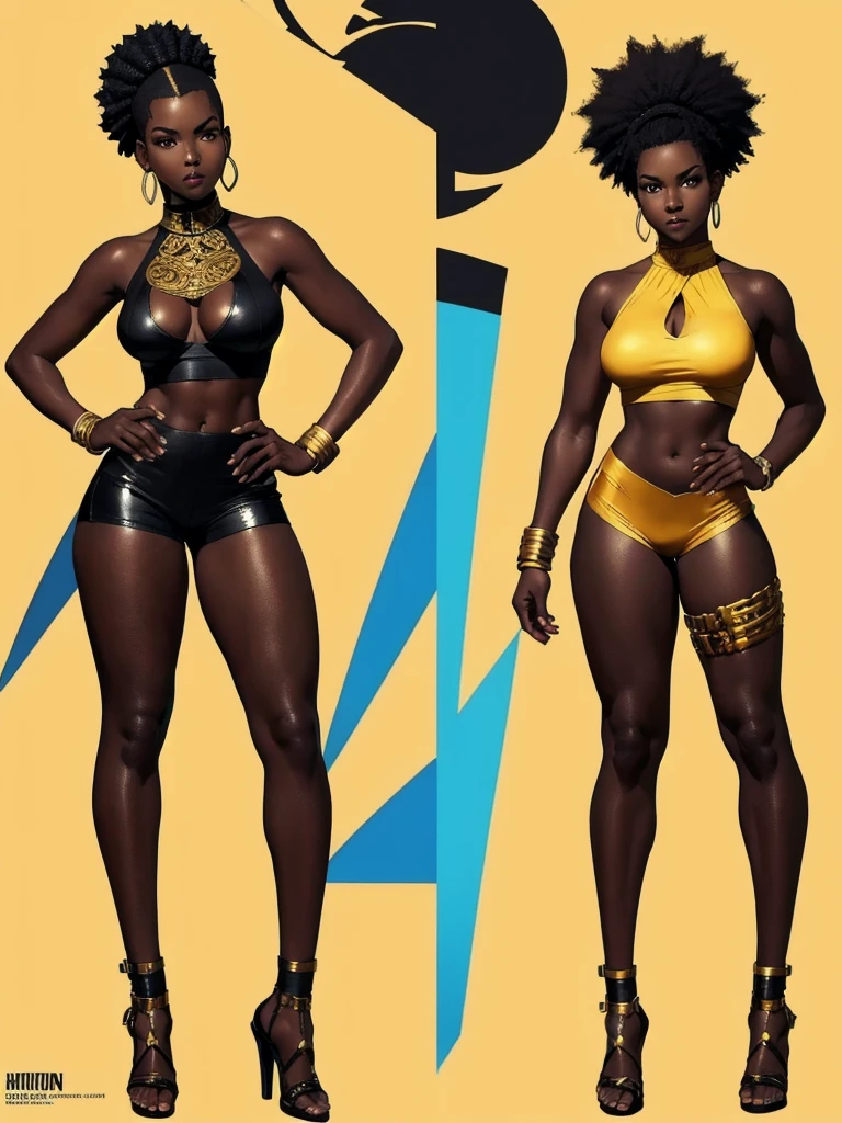 ((best quality)), ((4k)), ((highres)), ((masterpiece:1.2)). ((detailed)), ((ultra realistic)), ((intricate details)), ((full body picture)), ((character design sheet)), ((solo character)), a full body picture of a beautifull Ebony skinned female, black woman, dark skin, perfect face, detailed eyes, detailed lips, about 25 years old, about 5'5 ft. tall, punk black woman, punk style, afro-punk, afro-punk hair style, side shaved hair ((emphasis on her side shaved hair)), side-shaved afro hair style, ((emphasis on her side-shaved afro hair style)), muscular body, hourglass body type, thick and muscular, dressed in a golden top ((emphasis on her gold tank top)), and black leather pants, high heels, fighting game character concept art, tekken character design, the king of fighters character concept, full bofy, full body concept art, full body art