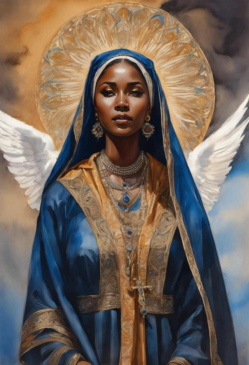 sketch, watercolor in paper, black woman, our lady, virgin and imaculated, all dress brown, full body and image, no make up, no acessories, --no earring, intense dark blue mantle and veil, brown hair, flying in the clouds, best quality, 4k, Better hand, perfect anatomy, vivid colors, very details,