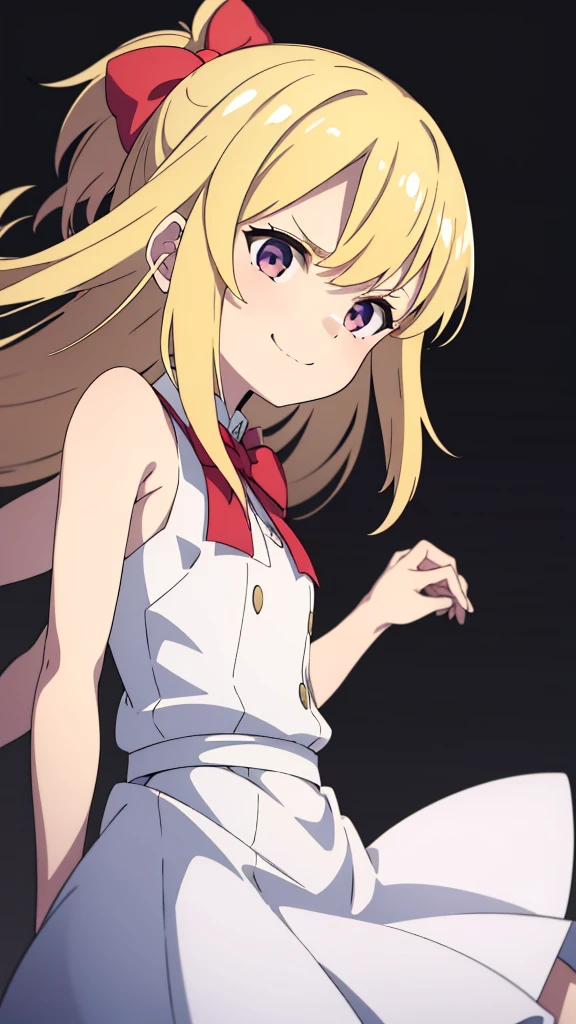 (1girl,10 years old),blonde hair,long hair,white dress, sleeveless, bow tie, bare shoulders,smile,angry,looking at view,extra arms,(simple background),from below