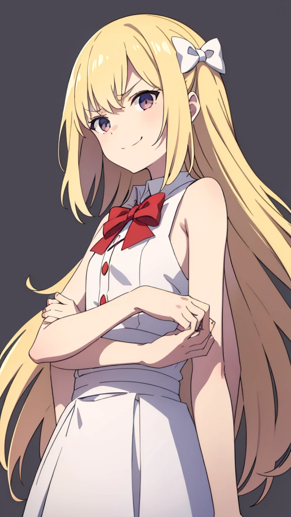 (1girl,10 years old),blonde hair,long hair,white dress, sleeveless, bow tie, bare shoulders,smile,angry,looking at view,extra arms,(simple background),from below