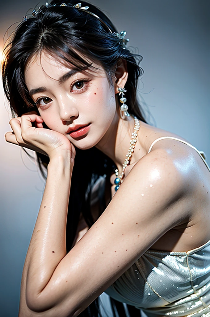 最high quality, masterpiece, High resolution, One girl, clear silk porcelain dress, Beautiful Face, hair accessory, Looking at the audience, smile, Cheerful woman,lips, dress, hair accessory, necklace, jewelry, Long Hair, Earrings, Beautiful Face, On the body, Tidal effect, realism, Dark studio, Edge lighting, Two-tone lighting, (Skin with attention to detail: 1.2), 8k UHD, Digital SLR, Soft Light, high quality, Volumetric lighting, photograph, High resolution 4K, 8k, Blurred Background