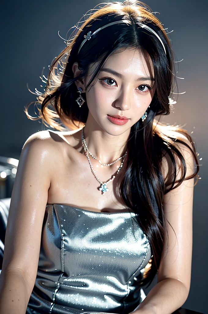 最high quality, masterpiece, High resolution, One girl, clear silk porcelain dress, Beautiful Face, hair accessory, Looking at the audience, smile, Cheerful woman,lips, dress, hair accessory, necklace, jewelry, Long Hair, Earrings, Beautiful Face, On the body, Tidal effect, realism, Dark studio, Edge lighting, Two-tone lighting, (Skin with attention to detail: 1.2), 8k UHD, Digital SLR, Soft Light, high quality, Volumetric lighting, photograph, High resolution 4K, 8k, Blurred Background