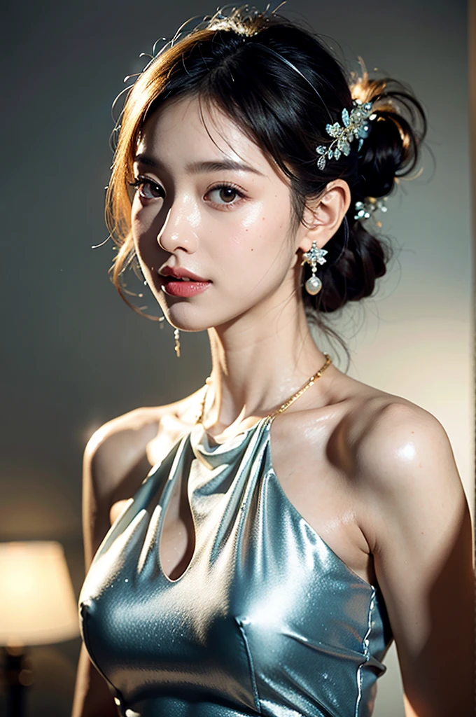 最high quality, masterpiece, High resolution, One girl, clear silk porcelain dress, Beautiful Face, hair accessory, Looking at the audience, smile, Cheerful woman,lips, dress, hair accessory, necklace, jewelry, Long Hair, Earrings, Beautiful Face, On the body, Tidal effect, realism, Dark studio, Edge lighting, Two-tone lighting, (Skin with attention to detail: 1.2), 8k UHD, Digital SLR, Soft Light, high quality, Volumetric lighting, photograph, High resolution 4K, 8k, Blurred Background