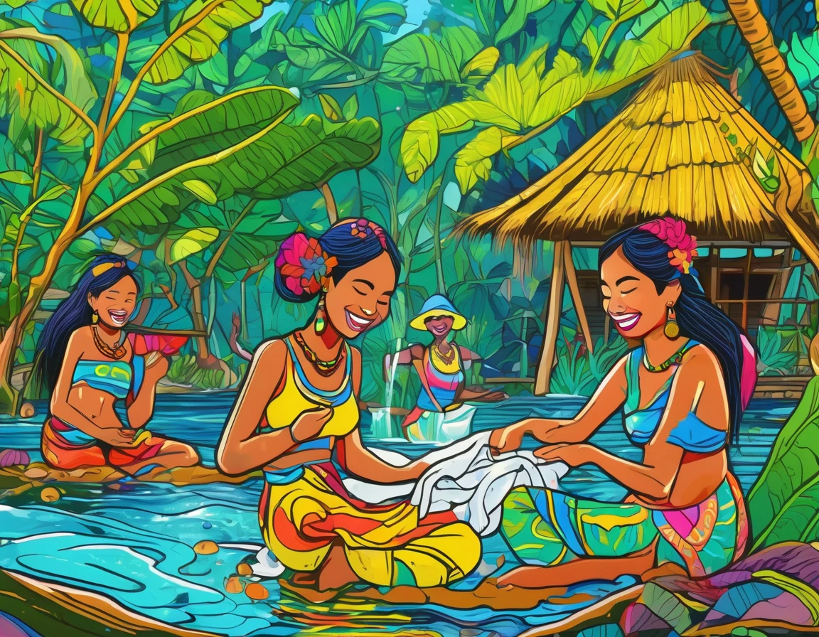 Tropical sandy beaches、Lush mangrove forest、Three beautiful women washing clothes in the river、smile、laughter、 Detailed marker outline, cute, Art Brut Style, Dynamic pose, whimsical expression, Bright and vibrant colors, Dynamic Lighting, Digital Painting, masterpiece, (Highest quality,4K,8k,High resolution,masterpiece:1.2),Very detailed,(Realistic,photoRealistic,photo-Realistic:1.37)