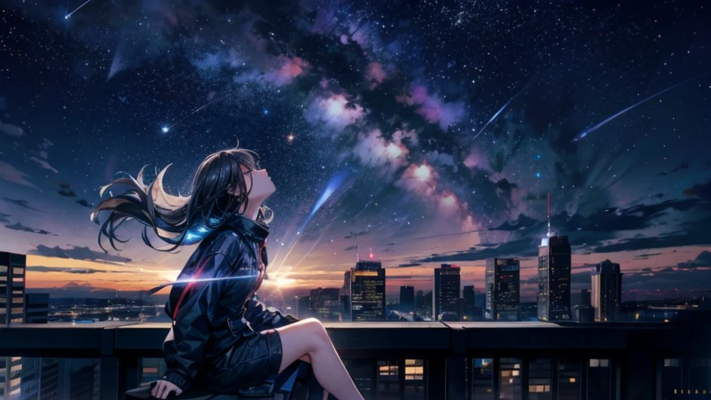 Octane, null, star (null), scenery, starry null, night, One girl, night null, alone, Outdoor, building, cloud, milky way, Sitting, wood, Long Hair, city, silhouette, cityscape, nullを見上げて, 8k, Beautiful night null, Ray Tracing, masterpiece, Cute Face