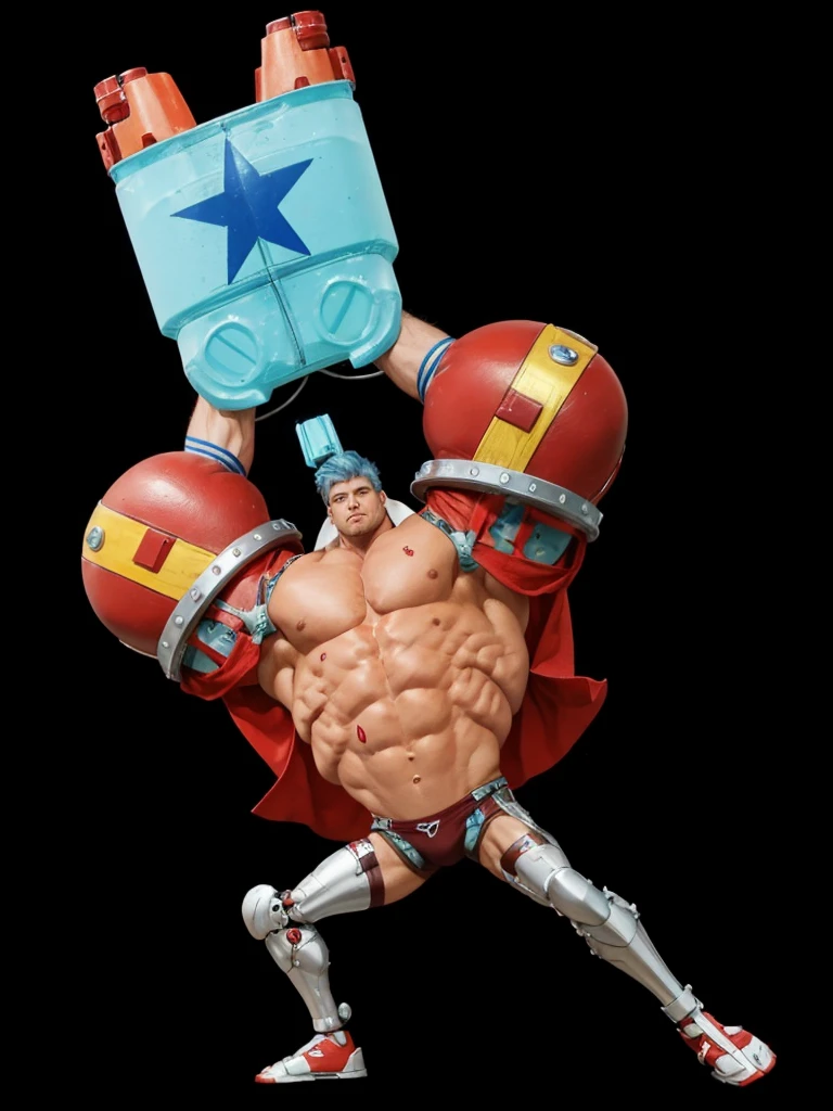 A strong muscular man, with red shirt, mechanical details on arms and legs, man with blue hair