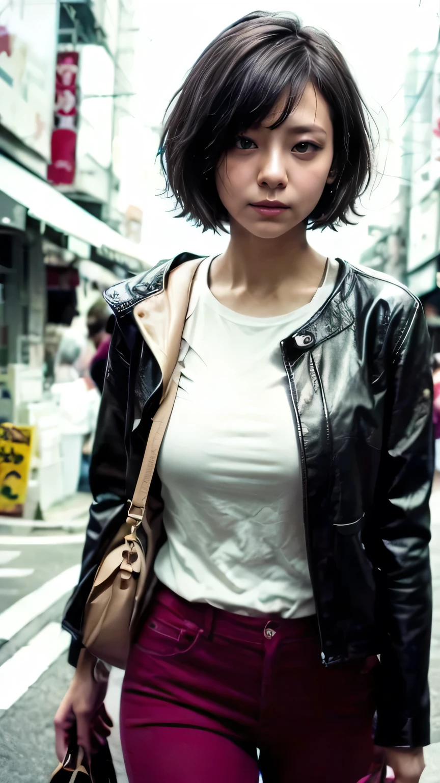 Tokyo Street、Woman walking on the street、Boyish Woman、the wind is strong、(Realistic、Like a photograph、Live Action、8k, Realistic, RAW Photos, Best image quality: 1.4), Single-lens reflex camera、RAW Photos, Highest quality, Realistic, Highly detailed CG Unity 8k wallpaper, Written boundary depth, Cinematic Light, Lens flare, Ray Tracing, Realistic background、(A fitted mini T-shirt:1.4、Abdominal muscles、Leather jacket、Black skinny pants:1.4、Big Breasts)、(The strap of the bag passes between the chest、paisla、Shoulder bag)、((Silver Inner Color Hair:1.1))、Cute Japanese Band Girls、((whole body:1.5))、(short hair:1.2、My hair flutters in the wind:1.5)、I like that style、stylish、Very detailed、Pay attention to the details、Perfect outfit、(White skin)、Beautiful feet:1.1、View from the front、Accurate Arm、Meet on a street corner、Super detailed face