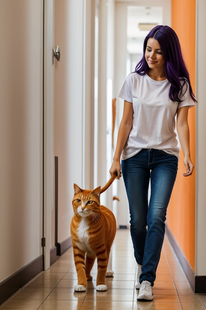 A young woman with dark purple hair wearing white t-shirt and jeans tries to pet a orange cat in the hallway.