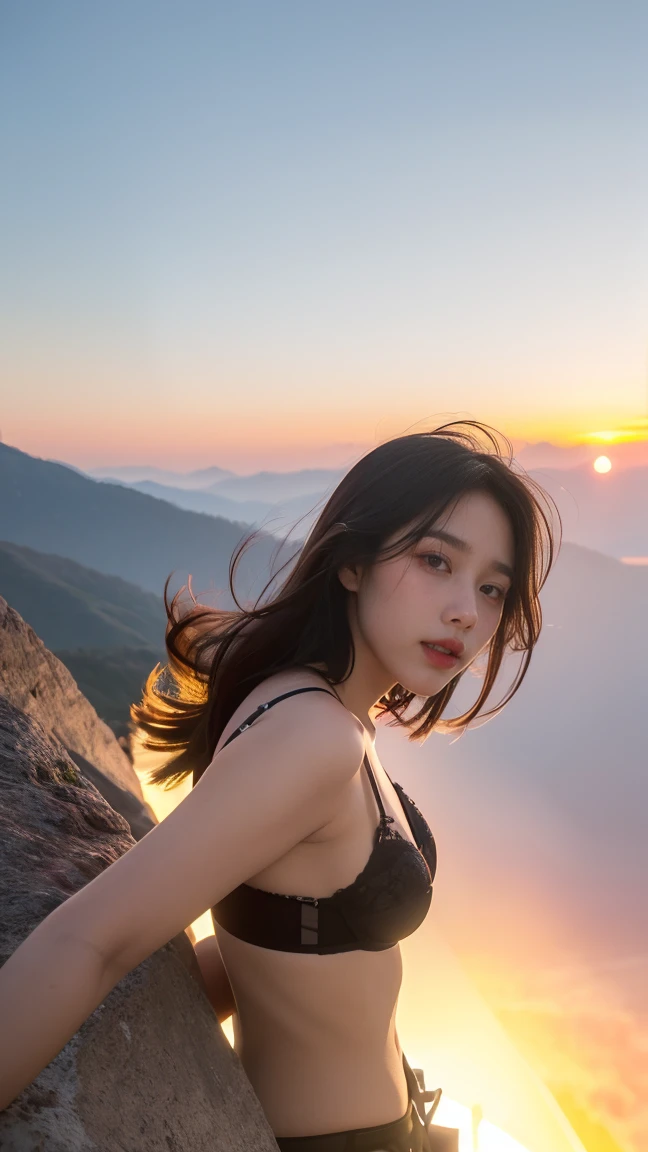 no, Ray tracing, Radio City, Anisotropic filtration, 16,000, best quality, 1 woman, alone, mature,  beautiful mountain climber, black bra, Gradient long hair, climbing equipment、laugh、orange sunset、((big breasts)) 、valley