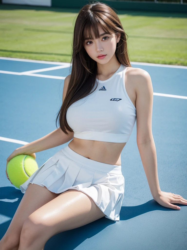 White tennis wear, tennis racket, Tennis ball, Tennis court, (Highest quality) , ((Very detailed)) , 4K , (8k) , masterpiece, Very detailedな, Highest quality, Super Resolution, 1 person, Crying a little, Soft Light, RAW quality, Soft Skin, 152cm , 20-year-old girl, Cute type, Big Natural Color Lip, Positive, (Provocative dynamic pose) , (Perfect figure)Beautiful feet, Voluptuous thighs, Soft long hair, bangs, Brown Hair, 1 personの女の子, Highest Resolution, Big and cute eyes, A clear double, White pleated micro mini skirt, Voluptuous thighs, Plump body, Huge breasts, (Expresses the roundness and softness of the chest area...1) , I'm a little sweaty, I can see your pants, Skirt flip, Beautiful pussy line