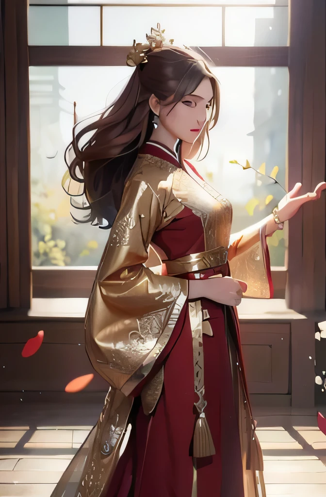 best quality, masterpiece, highres, (exquisite body:1.5),gorgeous face,(milky skin:1.3),intricate details,high resolution,wallpaper,
1girl, solo, dress, hair ornament, (((gold and red dress))), flowers, long hair, brown hair, closed mouth, jewelry, long sleeves, hand up, wide sleeves, big eyes,floating hair, chinese clothes, hanfu, embroidery, long skirt, natural pose, falling petals, indoor,fanning, lantern,
16K,HDR,highres,depth field,(film grain:1.1),boken,golden hour,(lens flare),vignette,rainbowing,(color grading:1.5)