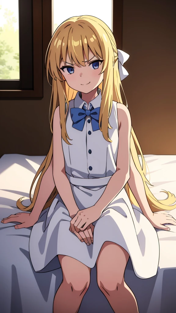 (1girl,),blonde hair,long hair,white dress, sleeveless, bow tie, bare shoulders,smile,angry,looking at view,extra arms,sitting on a bed in a room