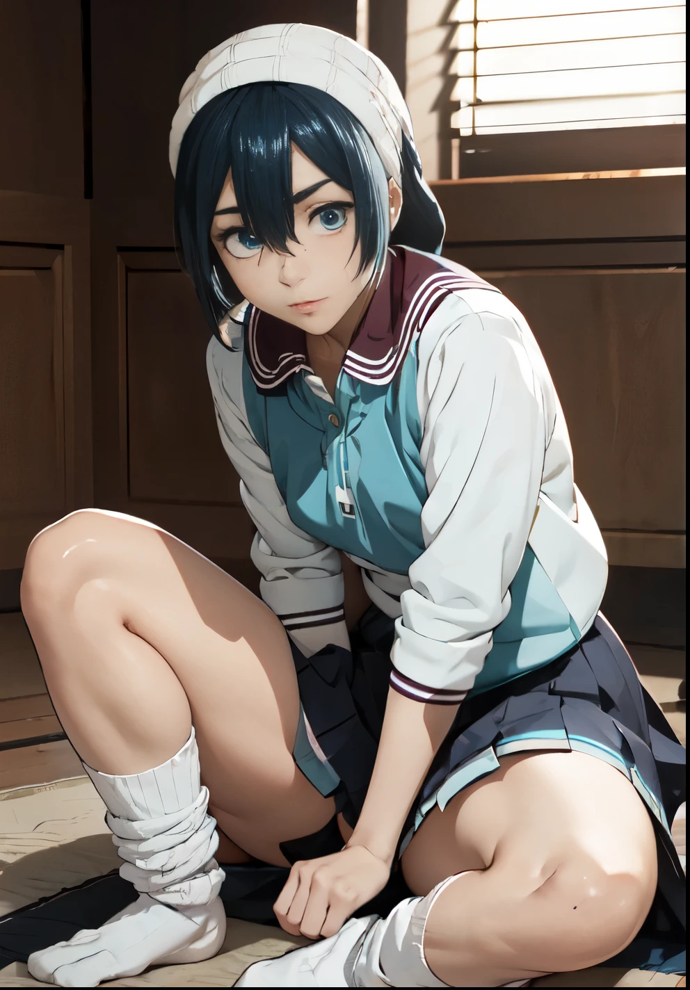  indoor、Gamer、So ridiculous, squint、 masterpiece, Highest quality, Hair Clip, heart,Hair on one eye、sit、b. Lean forward、Hair above one eye, Asymmetrical bangs,Character portrait、loose socks、hatsune miku、Gradient Color Hair、Tying up hair、Colorful Hair、squint、Messy Hair、Blunt bangs cut、Pleated skirt、Black Shirt、Striped Hair、Messy Hair、Sloppy、squint、Drunk、( fool / Sexual Ecstasy)、Highest quality, Realistic, Super delicate illustration, Beautiful and attractive anime girl, Slender body, Tied Hair, One Girl, Girl Photos, Full Body Shot, Beautiful Blue Eyes,