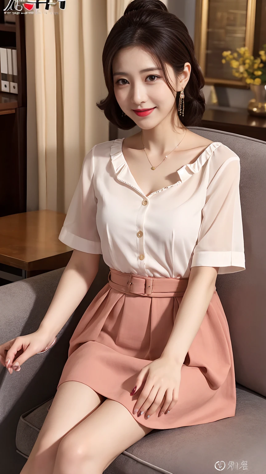 career woman、Heavy makeup、Bright red lips,masterpiece,best quality,ultra detailed,highres,high-resolution,4K,realistic,RAW photo,((real person)),portrait photography,photorealistic,detailed skin,(delicate black eyes ), A soothing woman with sagging eyes,calm and calm, middle hair,skinny,clothing,The wind is blowing,tareme、Highest quality、Realistic characters、A reception room on the top floor of a high-rise building、secretary、Office lady suit、mini skirt、CHANELWind、Byheel、Beautiful legs、Sitting on the sofa、Panty shot、elegant、Perfect Makeup、Beautiful décolleté、Anatomically correct、eight-headed body、Beautiful posture、Japanese、nice smile、Bright red lips、Smaller shirts、Jacket