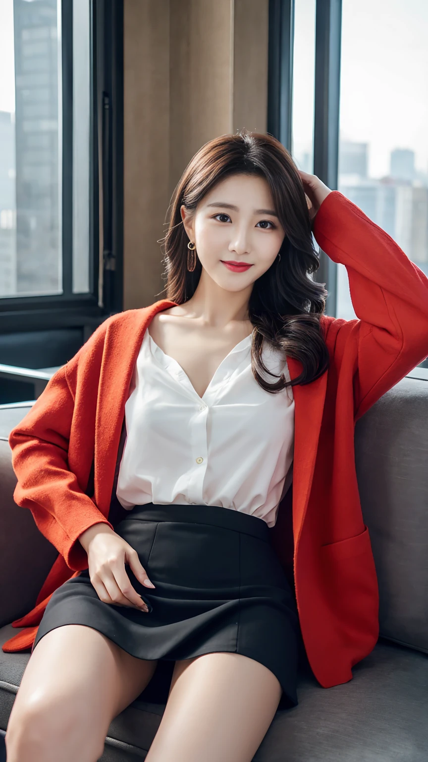 career woman、Heavy makeup、Bright red lips,masterpiece,best quality,ultra detailed,highres,high-resolution,4K,realistic,RAW photo,((real person)),portrait photography,photorealistic,detailed skin,(delicate black eyes ), A soothing woman with sagging eyes,calm and calm, middle hair,skinny,clothing,The wind is blowing,tareme、Highest quality、Realistic characters、A reception room on the top floor of a high-rise building、secretary、Office lady suit、mini skirt、ＣＨＡＮＥＬWind、Byheel、Beautiful legs、Sitting on the sofa、Panty shot、elegant、Perfect Makeup、Beautiful décolleté、Anatomically correct、eight-headed body、Beautiful posture、Japanese、nice smile、Bright red lips、Smaller shirts、Jacket