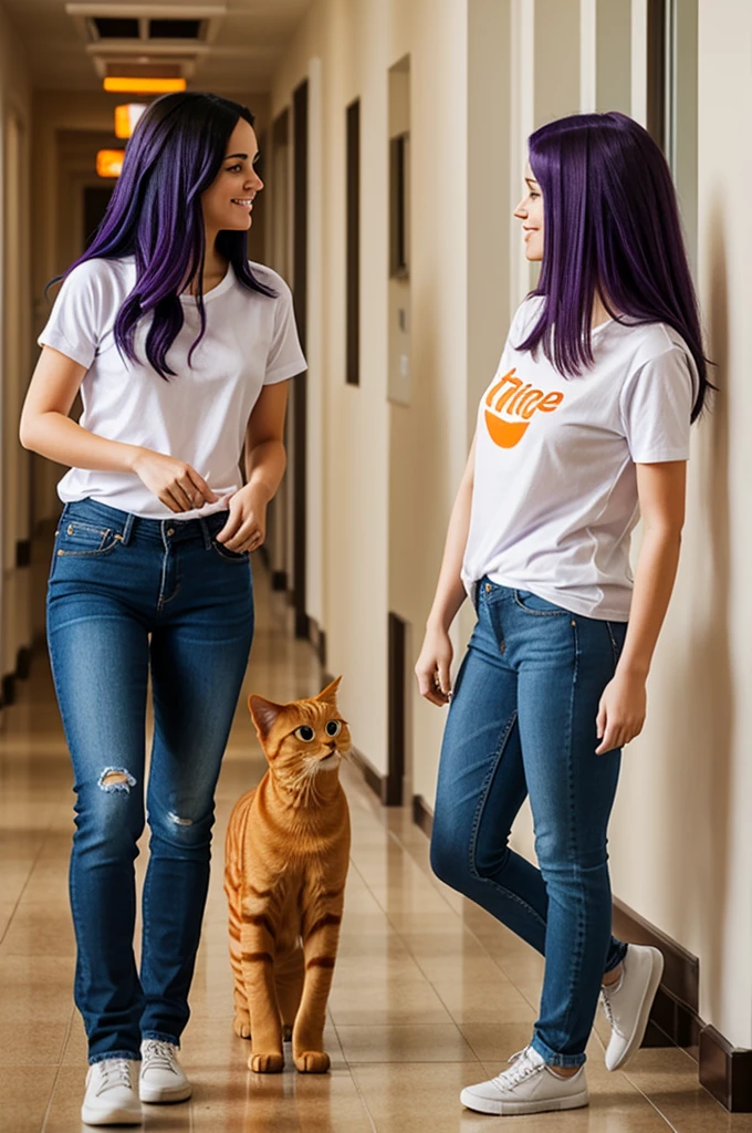 A young woman with dark purple hair wearing white t-shirt and jeans tries to pet a orange cat in the hallway.