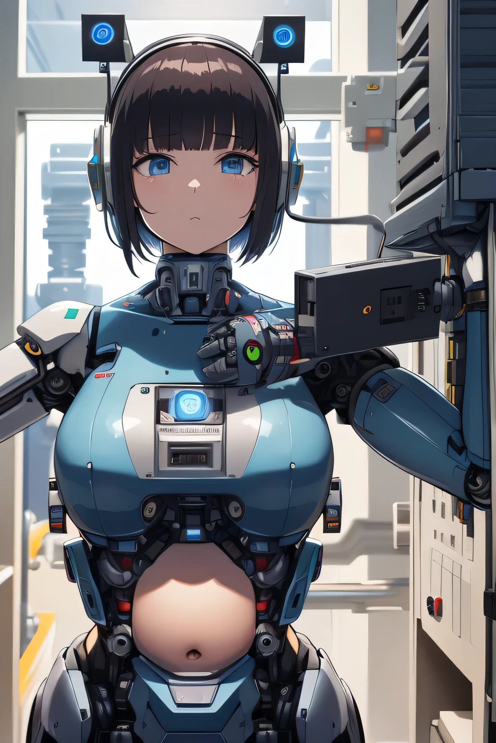 masterpiece, best quality, extremely detailed, Japaese android girl,Plump ,control panels,android,Droid,Mechanical Hand, Robot arms and legs,Blunt bangs,perfect robot girl,long tube,thick cable connected her neck,android,robot,humanoid,cyborg,japanese cyborg girl ,robot-assembly plant,She has assembled now,assembly scene,chest monitor,blue eyes